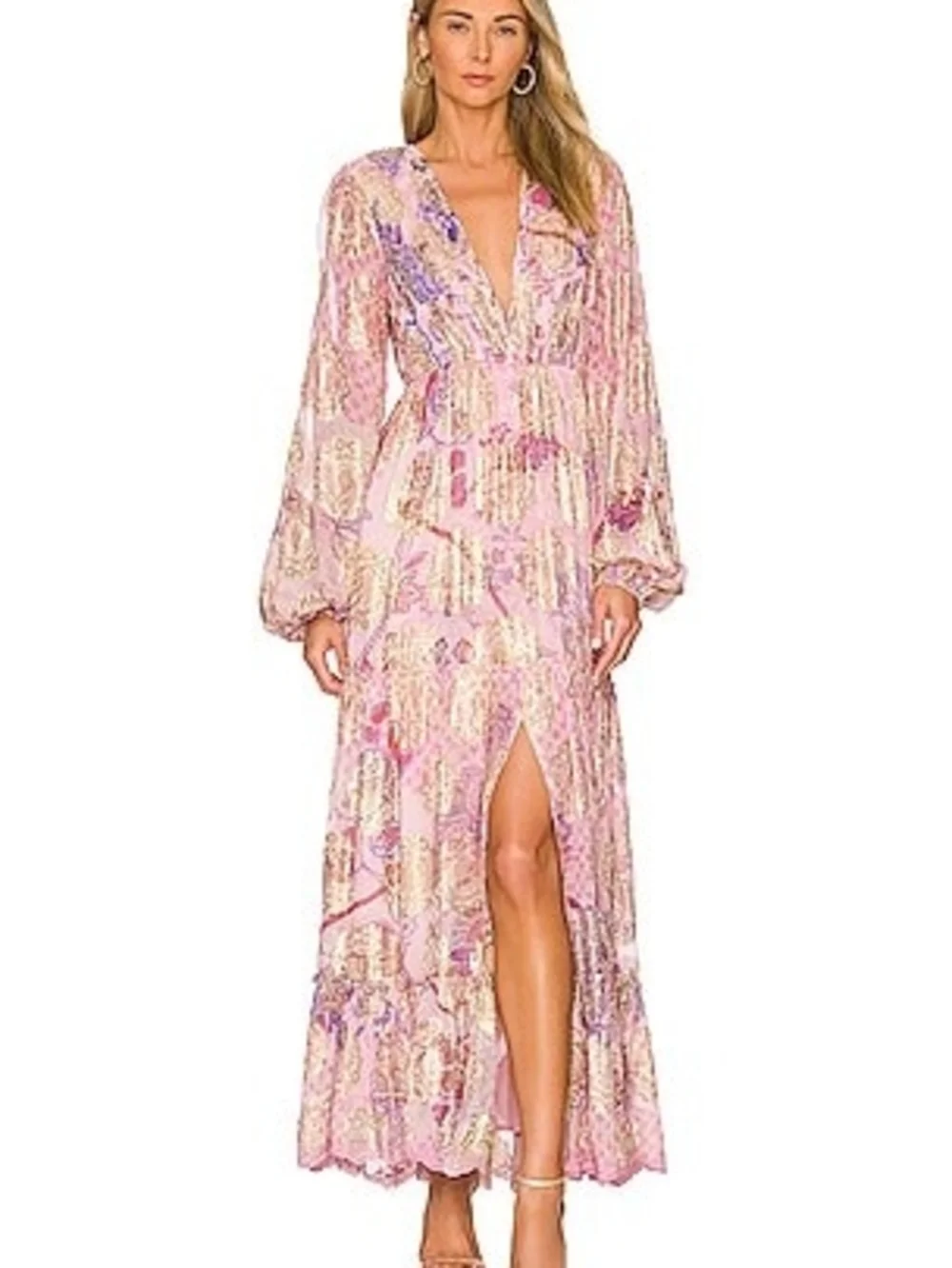 HEMANT & NANDITA Pink and Lavender Metallic-Print Maxi Dress - Picture 3 of 4
